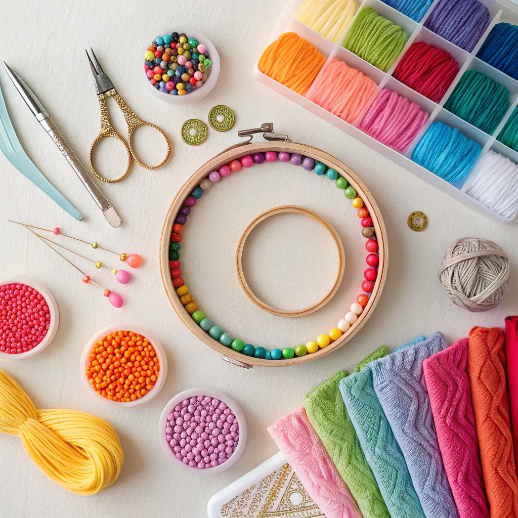 An array of colorful handicraft supplies neatly arranged on a work table